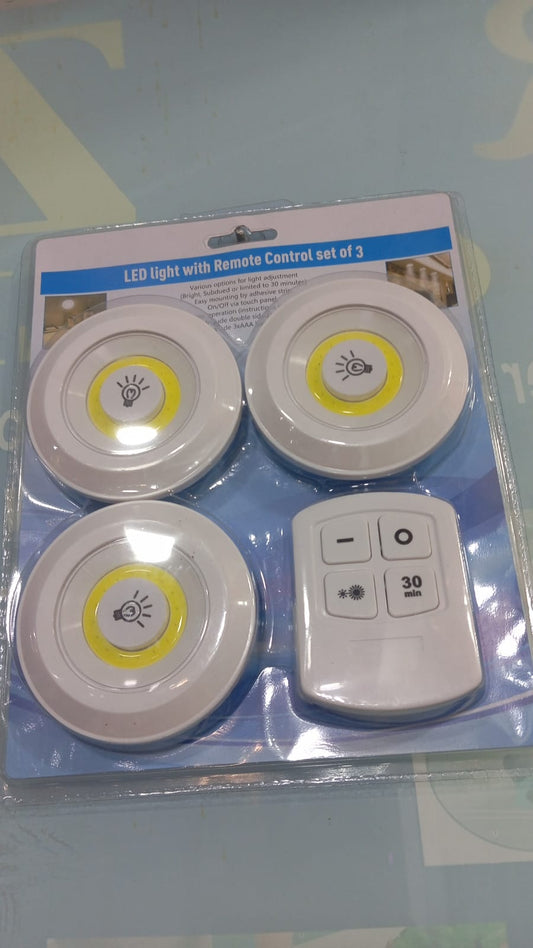 Pack of 3 LED Remote Control Tap Lights – Wireless Self Adhesive Cabinet & Wardrobe Lights