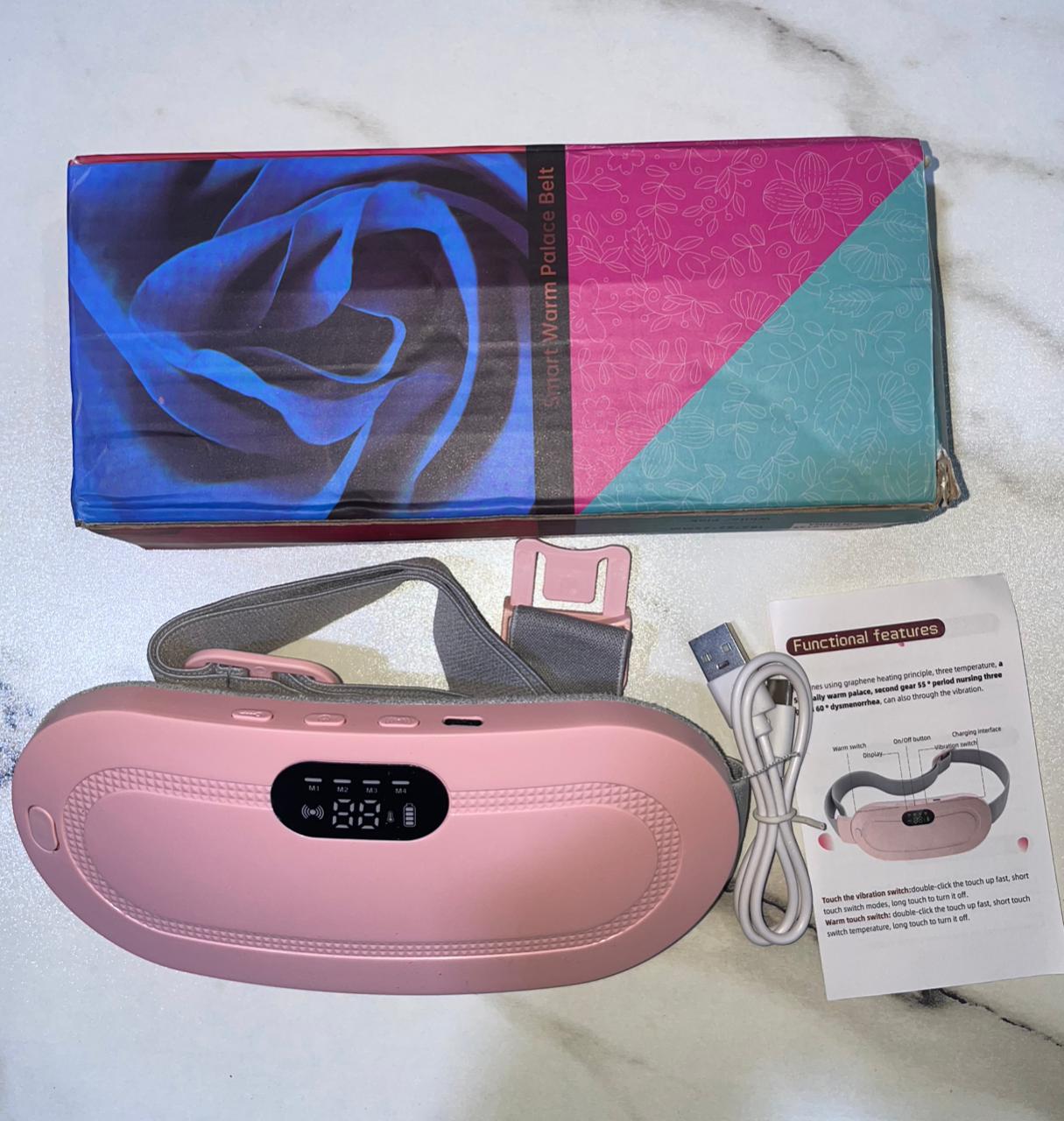 Portable Menstrual Heating Pad Belt for Women – Electric Period Pain Relief Massager with 3 Heat Levels & 4 Massage Modes (Flower Box)